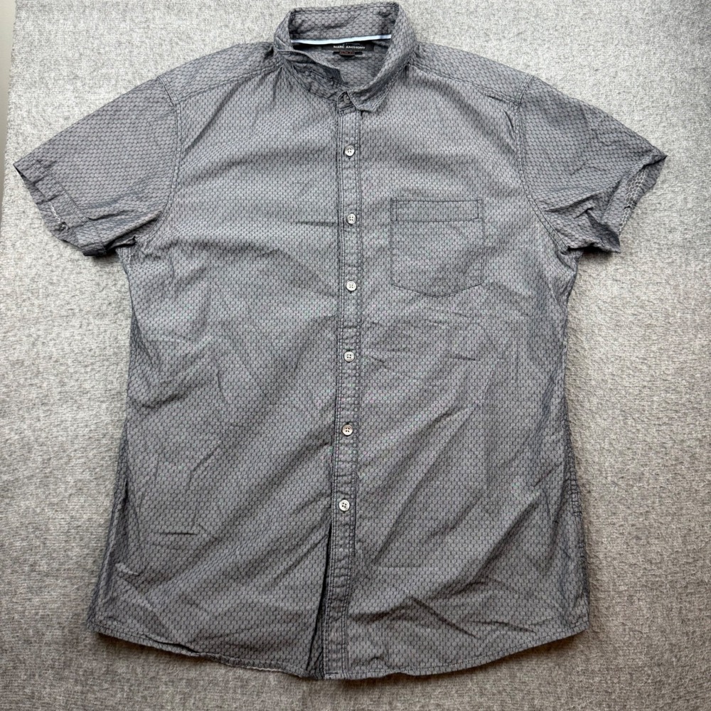 Marc Anthony Button Down Shirt Men's Medium Grey Slim Fit Short Sleeve Geometric